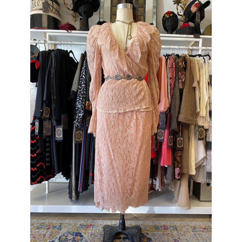 vintage 1980s sheer pink lace suit 80s fashion puff shoulders wrap blouse skirt